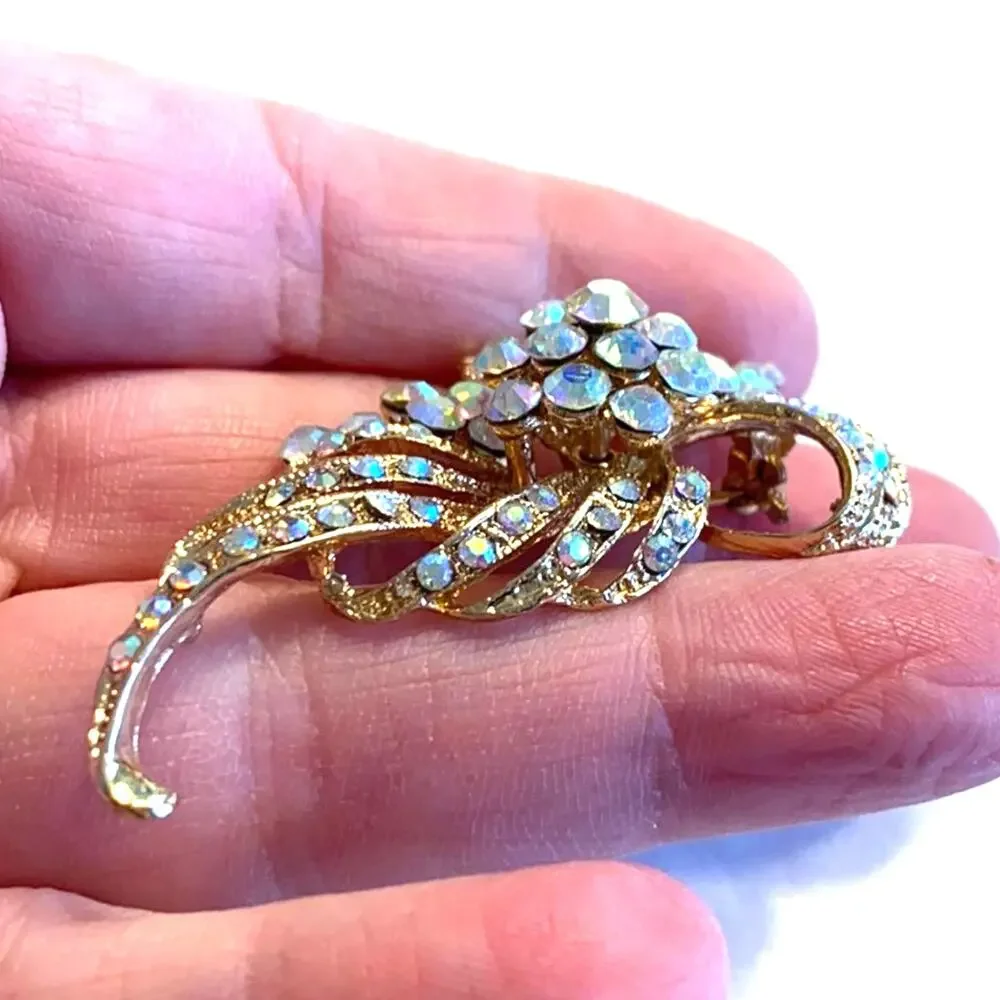 Romantic gold & white rhinestones brooch vintage look pin delicate ornate